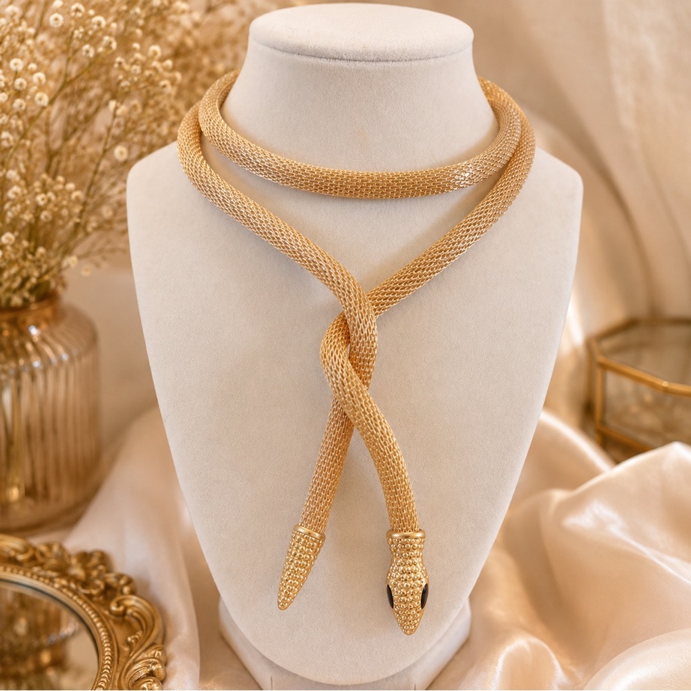 Vintage Gold Tone Mesh Snake Necklace – Approx. 36”